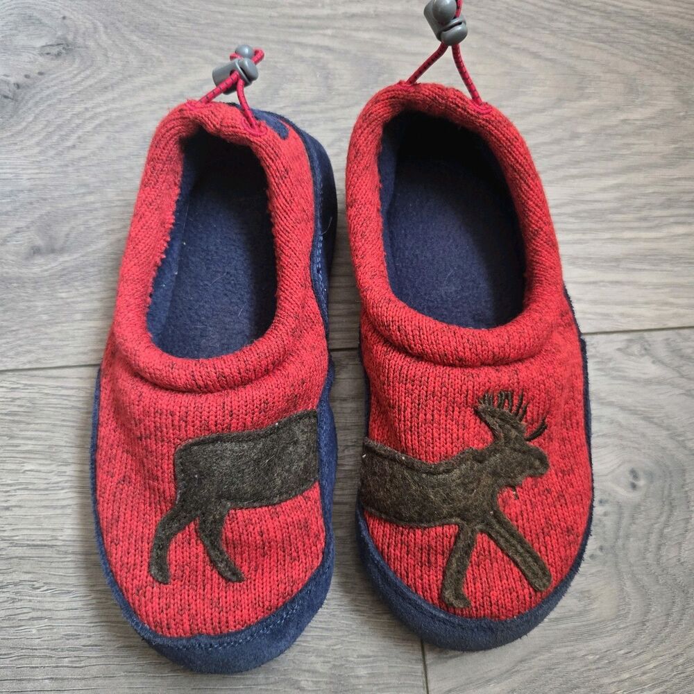 LL Bean Kids 12-13 Red Sweater Fleece Moose Slippers Suede Sole Cabin Shoes